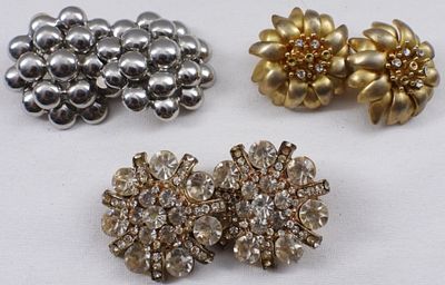 (3) Vintage Clip Of Earrings. Some stones are missing from both rhinestone pairs.