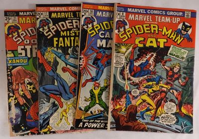(4) Marvel Team-Ups with Spider-Man. 2 are 1973, and 2 are 1974. Bronze Age. All in fair condition