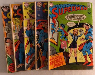 (5) Superman DC Comics. Numbers 198 ( There is a small rip in the cover.) 200, 208, 209 (There 
