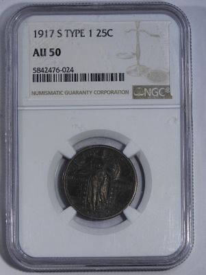 1917-S T-1 Standing Quarter, NCG AU-50. Get yours today