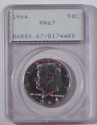 1964 Half Dollar PCGS PR67. Rattler Holder.