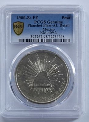 1900-Zs FZ Peso, PCGS AU Detail Planchey Flaw. Mexico KM-409.3