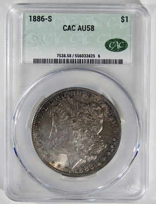 1886-S Morgan Dollar, CAC AU-58. Bid with Vintage Auctions!