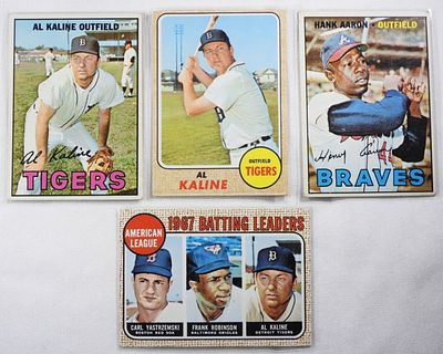 (4) TOPPS Baseball Cards. 1)Batting Leaders Number 2 VG. 2) Hank Aaron Number 250 VG. 3) Al 