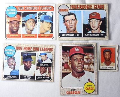 (5) Mixed Lot Of Baseball Cards. 1) VG Ernie Banks Stamp. 2) 1968 Strikeout Leaders National 