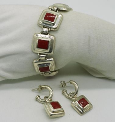 Mexico Sterling Bracelet & Pierced Earrings. Mexico sterling, red gemstone set. Bracelet is 