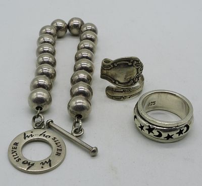 HI Ho Silver 925 Bracelet & Sterling Rings. Sterling beaded bracelet, 8" long. Marked "hi ho 
