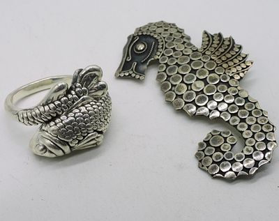 Sterling Koi Fish Ring & Seahorse Pin. Sterling Koi Fish Ring, Size 11. Sterling Seahorse Pin 