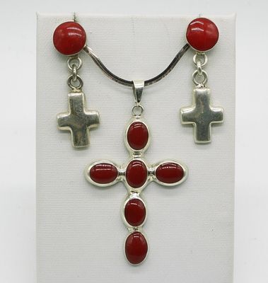 Red Gemstone Cross Necklace & Earrings. Red gemstone sterling cross necklace. Cross is 2" long 