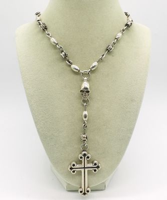 King Baby Rose Skull Crucifix, Sterling Silver. 28" long crucifix. 5" from skull to base of 