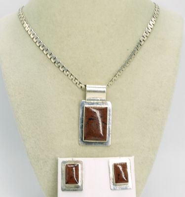 Mahogany Obsidian Sterling Taxco Set. Mahogany Obsidian gemstone, Taxco Mexico Necklace and 