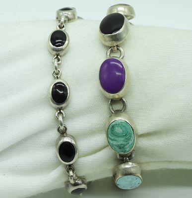 Taxco & Mexico Sterling Bracelets. Two sterling bracelets, various gemstones. Larger bracelet is 