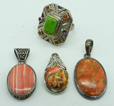 Green Turquoise, Oyster Copper Turquoise +. Three sterling pendants and one ring. Ring is green 