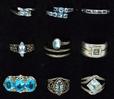 Blue Topaz and Aquamarine 925 Rings. Nine sterling rings with blue topaz and aquamarine 