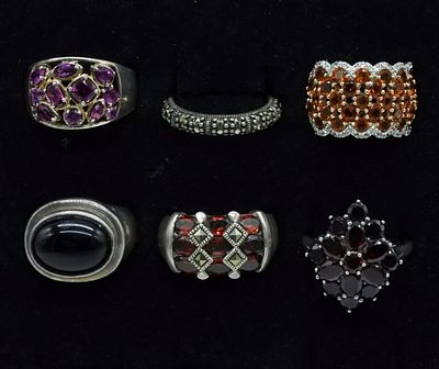 Six Sterling Garnet, Amethyst & More Rings. Six sterling rings, sizes 7 - 11. Gemstones are 