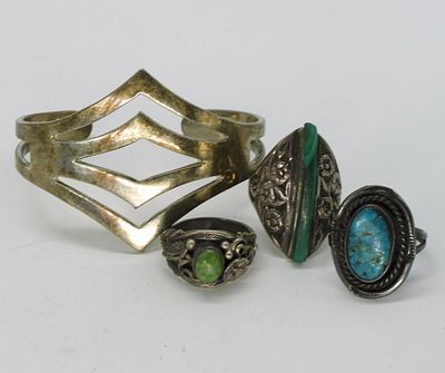 Turquoise & Malachite Rings & Bracelet. Sterling cuff bracelet, Mexico. Three sterling rings 