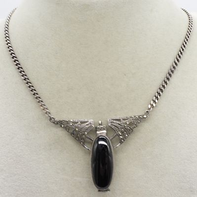 Vintage Art Deco, Onyx Perfume Necklace. Vintage art deco, sterling necklace with marcasite and 