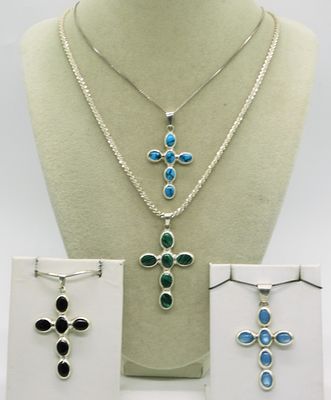 Four Sterling Gemstone Cross Necklaces. Four sterling necklaces with cross pendants. Gemstones 