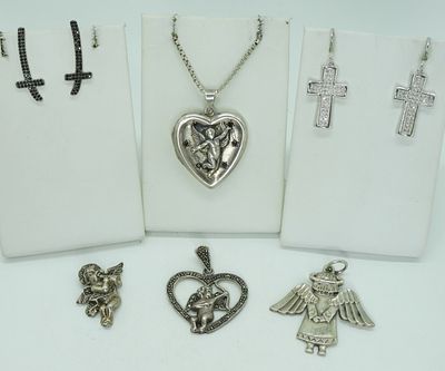 6 Sterling Religious Pendants & Earrings. Locket Necklace, 20" long. Locket is 1.5" long. Two 