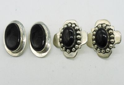 Taxco Sterling Black Onyx Earrings. One pair of Taxco sterling pierced black onyx earrings, 1". 