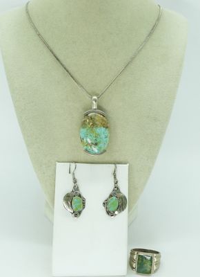 Vintage Turquoise Necklace, Ring & Earrings. Vintage sterling turquoise pieces. Pendant is 2" 