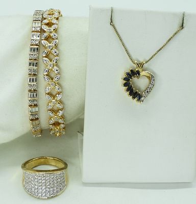 Gold Tone Sterling Bracelets, Ring & Necklace. Gold tone sterling, necklace is 18" with sapphire 
