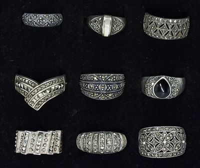9 Marcasite Sterling Fashion Rings. Nine marcasite sterling fashion rings, sizes 5-11 (34 dwt) 
