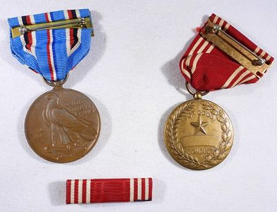 (6) WW2 Military Patches. Efficiency Honor Fidelity with ribbons in box, American Campaign, For 