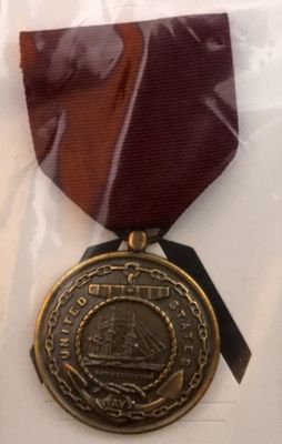 US Navy Good Conduct Medal and Ribbon, fidelity, zeal, obedience, and in box.