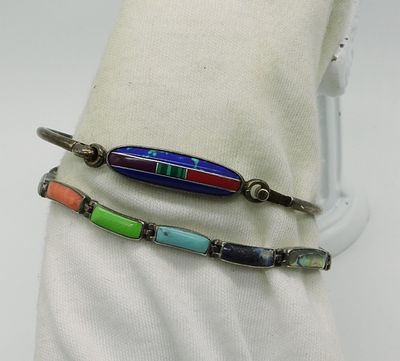 Taxco Sterling Inlaid Gemstone Bracelets. Two sterling Mexico bracelets, one is Taxco with 