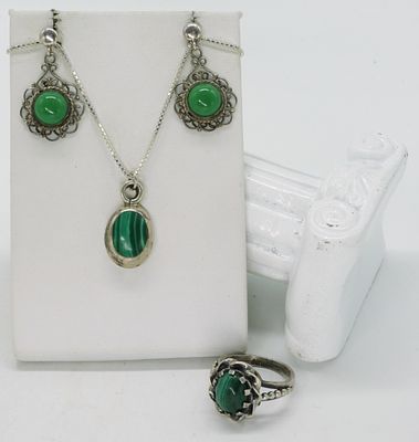Malachite Sterling Necklace, Ring & Earrings. Malachite sterling necklace, 18" long. Malachite 
