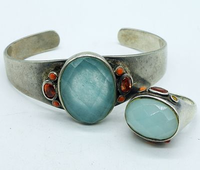 Green Chalcedony Matching Bracelet Ring Set. Sterling, Green Chalcedony matching cuff bracelet 