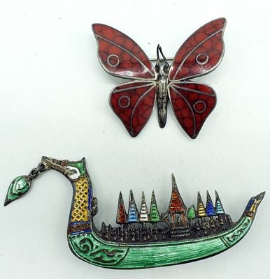 Siam Dragon Ship Pin & Butterfly 925 Pin. Two sterling pins. Siam silver dragon boat pin, 3" 