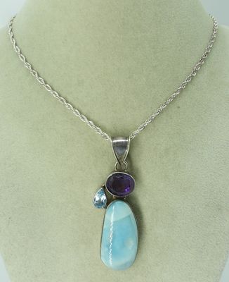 Larimar, Amethyst & Blue Topaz Necklace 925. Sterling Larimar pendant with smaller amethyst and 
