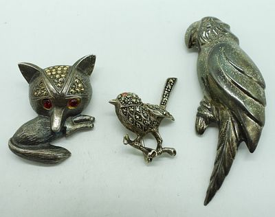 3 Vintage Sterling Animal Brooches. Three sterling animal brooches. Fox is "Creed Sterling 