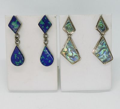 (2) 925 Abalone & Malachite Azurite Earrings. Two pair of vintage sterling pierced earrings. 