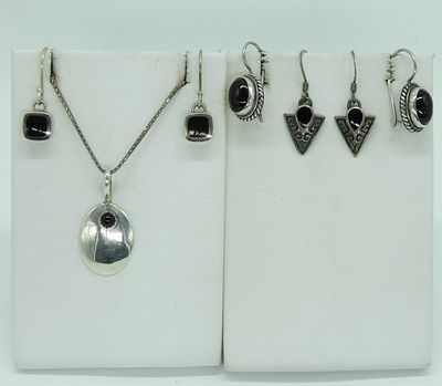Black Onyx 925 Necklace & Earrings. 3 pair of sterling pierced black onyx earrings and one 