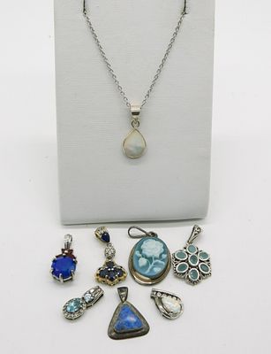 Vintage & Modern 925 Gemstone Pendants. 8 sterling modern and vintage gemstone pendants, one 