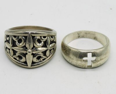 Two Sterling Heavy Mens Fashion Rings. Two sterling men's rings, sizes 12 & 12.5 (20.5 dwt)