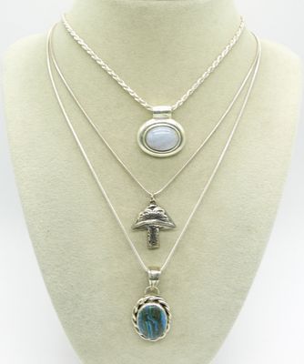 Rainbow Calsilica & More 925 Necklaces. Three sterling pendants & chains. Rainbow Calsilica 