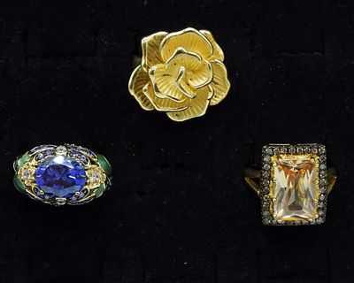 3 Gold Tone 925 Fashion Gemstone Rings. Three sterling gold tone fashion rings, with large 
