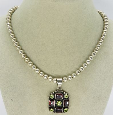 Garnet & Peridot 925 Ball Beaded Necklace. Pendant with Garnet and Peridot gemstones, 1 3/4" 