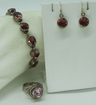 Vintage 925 Pink Gemstone Set. Three piece sterling pink gemstone set. Pierced earrings, 1" 