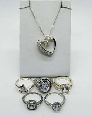 Bridal Style 925 Rings and Necklace. Five sterling bridal style rings (simulated diamond, cz & 