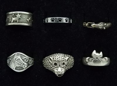 6 Animal Shaped 925 Fashion Rings. Six sterling rings, animal shaped. Sizes 7-11 (19 dwt)