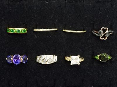 8 Gold Tone Sterling Rings. Eight gold tone sterling rings, sizes 6, 7, 8, 10. (15.8 dwt)