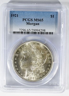1921 Morgan Dollar, PCGS MS-65. Slabbed chipped on the back