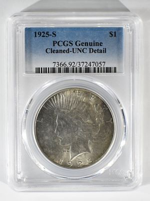 1925-S Peace Dollar, PCGS UNC Details. Cleaned