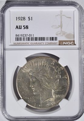 1928 Peace Dollar, NGC AU-58. Bid with Vintage Auctions!