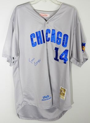 Ernie Banks Autograph Cubs Mitchell & Ness #14. Autograph by Erine Banks on a Mithell & Ness 